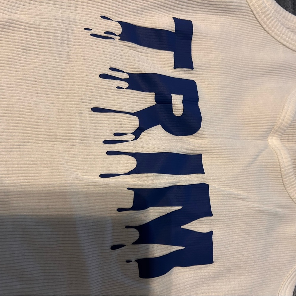 White Tank Top with Blue 'TRVM' Graphic - Women's Ribbed Tank